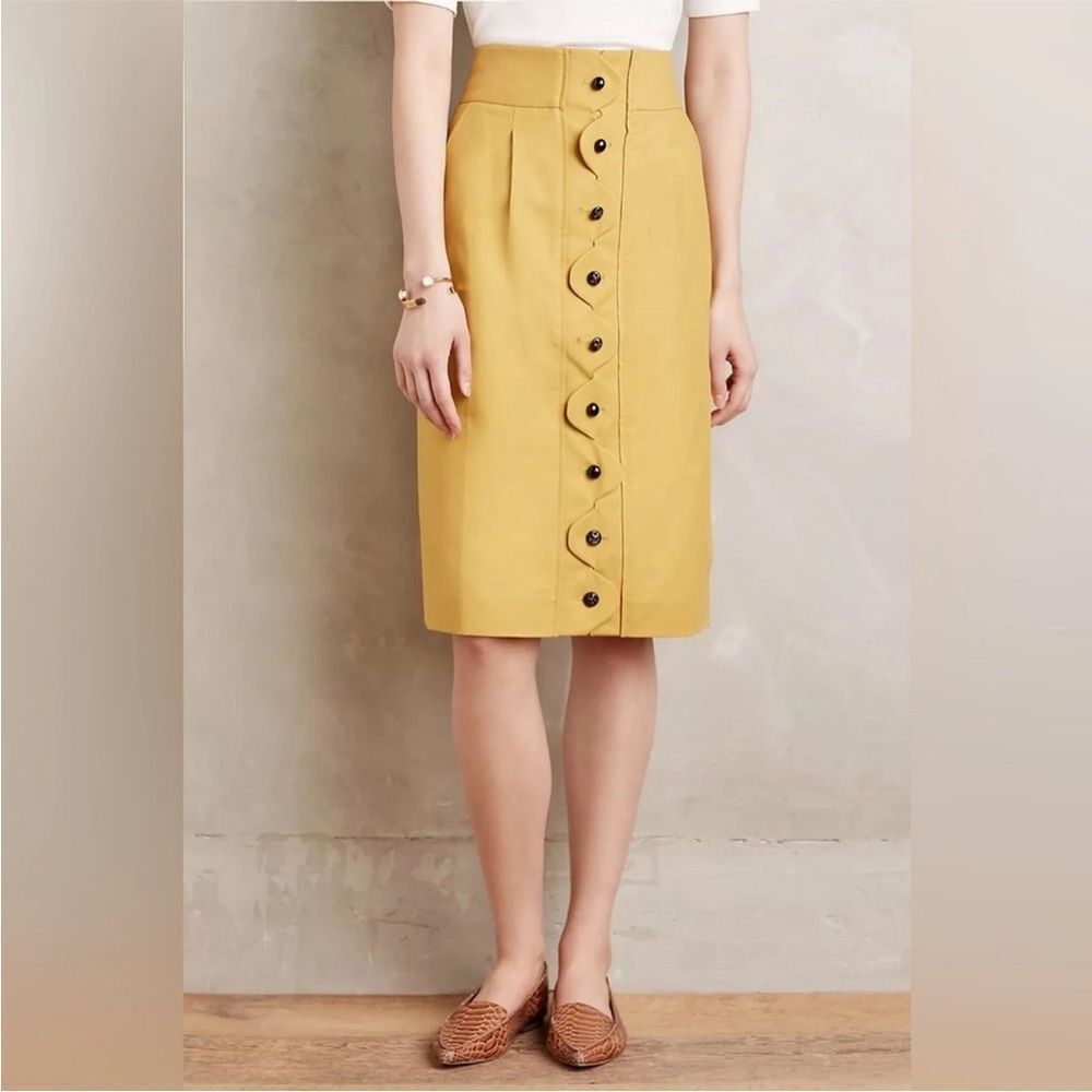 Maeve Anthropologie Ada Mustard Yellow Skirt Button Front Scalloped Pencil 6